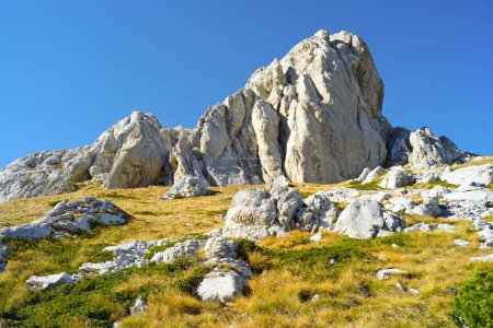 Blick auf Zupci - Teil des Sedlena Greda Gebirges im Durmitor Nationalpark, Montenegro. Malerische graue Felsen, die über einem grasbewachsenen Berghang aufragen.