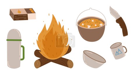 Illustration for Camping and hiking set, hand drawn elements - campfire, matches, thermos, knife, pot and dishes. Vector illustration, outdoor cooking items isolated on a white background. Perfect for scrapbooking, craft projects, posters, sticker kit and web design - Royalty Free Image
