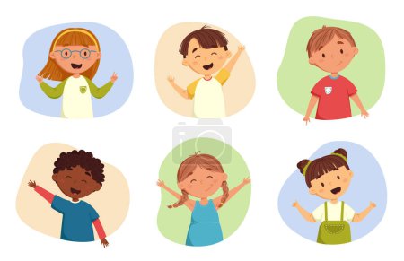 Téléchargez les illustrations : Happy kids cartoon vector collection. Multicultural children in different positions isolated on colorful backgrounds. Happy friends from preschool class. Web design, cards, posters - en licence libre de droit
