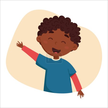 Téléchargez les illustrations : Happy black-skinned boy with curly hair cartoon vector collection. Cute baby in a friendly pose. Vector illustration isolated on colorful background. Ideal for kids posters and cards - en licence libre de droit