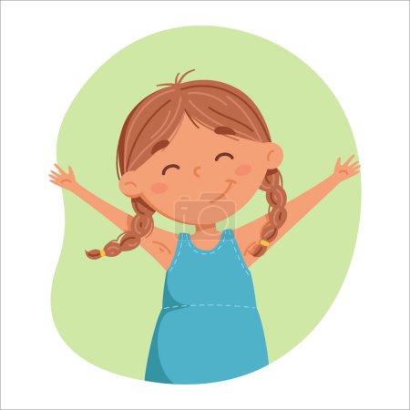 Téléchargez les illustrations : Happy girl with two pigtails cartoon illustration. Cute baby in a friendly pose. Vector illustration isolated on colorful background. Ideal for kids posters and cards - en licence libre de droit