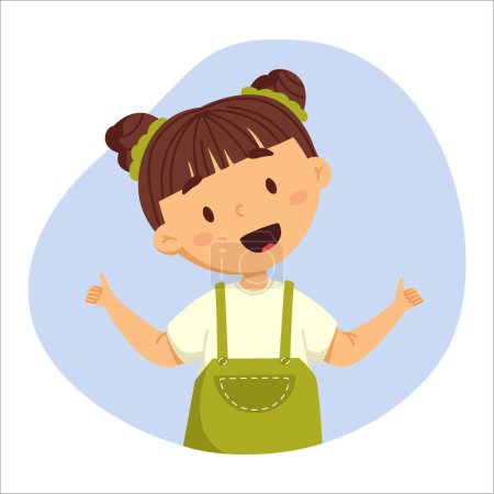 Téléchargez les illustrations : Happy girl with two bumps cartoon illustration. Cute baby in a friendly pose. Vector illustration isolated on colorful background. Ideal for kids posters and cards - en licence libre de droit