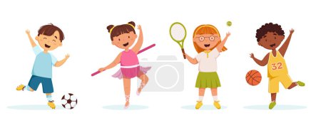 Téléchargez les illustrations : Happy kids doing different sports vector set. Little boys and girls play football, basketball, tennis and ballet. Illustration for children's products, sites and invitations - en licence libre de droit