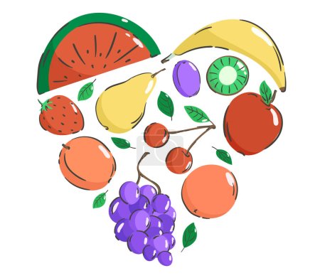 Téléchargez les illustrations : Colorful cartoon fruits in the shape of a heart: apple and pear, strawberry and orange, peach and plum, banana and watermelon, grapes, cherry and kiwi. Vector illustration isolated on white. - en licence libre de droit