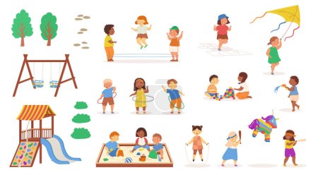 Children play outside. Summer activities. Outdoor playground equipment for kindergarten or house. Multiculturalism and diversity. Isolated vector illustration. Funny character