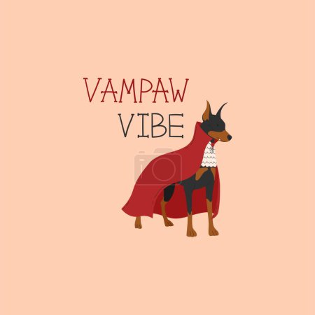 Illustration for Doberman pinscher in vampire Halloween costume. Happy Halloween vector illustration. Cute gods breed. Hand drawn funny lettering. Ideal for holiday cards, decorations, invitations and stickers - Royalty Free Image