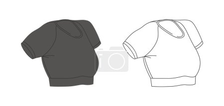 Illustration for Sports woman black T-shirt vector illustration in two variations. Crop top fashion flat design isolated on a white background. For sports product design, stickers and templates - Royalty Free Image
