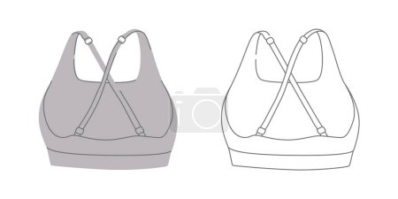 Illustration for Sports woman grey bra vector illustration in two variations. Crop top fashion flat design isolated on a white background. View from the back. For sports product design, stickers and templates - Royalty Free Image