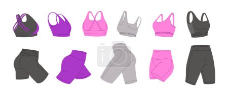 Illustration for Female fitness clothing vector set. Bras and cycling shorts. Womans sports clothes flat design. Isolated illustrations on a white background. Ideal for design sports content, stickers and print. - Royalty Free Image