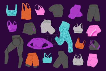 Illustration for Female fitness clothing vector set. Womans sports clothes flat design. Isolated illustrations on a dark background. Ideal for design sports content, stickers and print. - Royalty Free Image