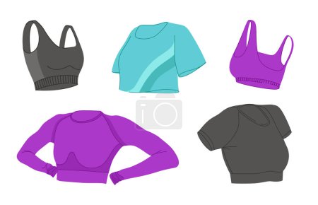 Illustration for Female fitness bras and sports tops vector set. Womans sports clothes flat design. Isolated illustrations on a white background. Ideal for design sports content, stickers and print. - Royalty Free Image