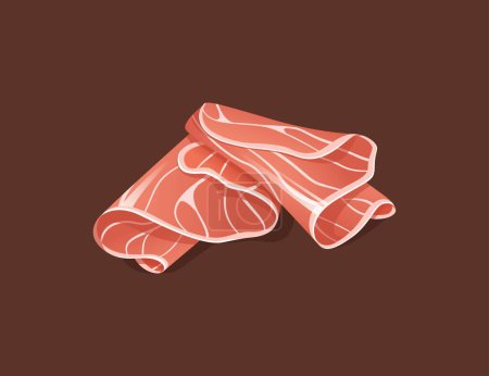 Slices of jamon in realistic style on a brown background. Colorful vector illustration. Food illustration. Raw dry cured ham cut into thin slices, delicatessen prosciutto, gourmet appetizer dish from