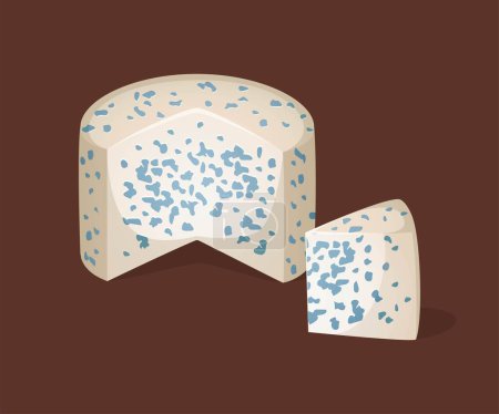 Cross section of soft cheese on a brown background. Vector illustration. Blue cheese in a realistic style. Ideal for posters and banner, menu of cafe and shops