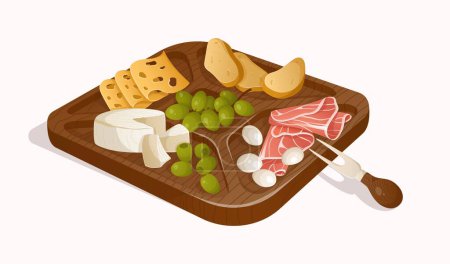 Colorida ilustración del plato de quesos con otros aperitivos. Diferentes tipos de quesos, hammón, pan, aceitunas y uva en estilo realista. Ilustración vectorial. Bandeja de queso de madera, tablero de queso