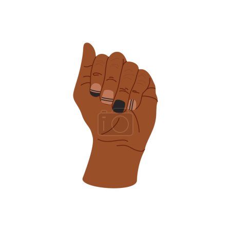 Hand of man with black pattern nails isolated on a white background. Male manicure, trendy nails. Vector illustration. Black-skinned, african man, diversity.