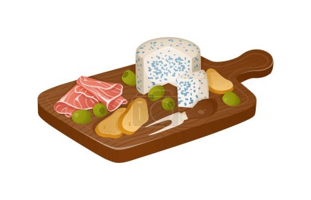 Colorida ilustración de quesos y otros aperitivos en la tabla de cortar. Hammón, queso azul, pan, aceitunas y uva en estilo realista. Ilustración vectorial. Bandeja de queso de madera, tabla de quesos para vino