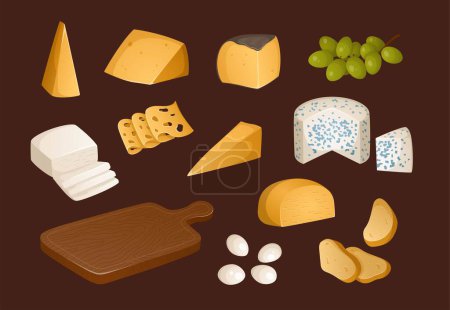 Big set of different types of cheeses and other appetizers and items for wine on a brown background. Grape, cheese tray and cheese. Vector illustration. Colorful and bright set in realistic style. Ideal for menu of cafe and shops, graphic design and 