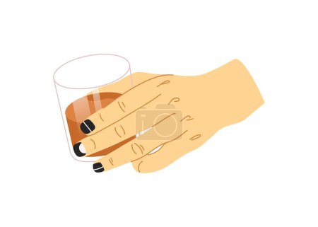 Hombre mantenga vidrio con bebida con diseño de uñas geométricas monocromáticas aisladas sobre un fondo blanco. Concepto masculino de manicura. Manicura con línea y patrones, uñas de moda. Ilustración vectorial.
