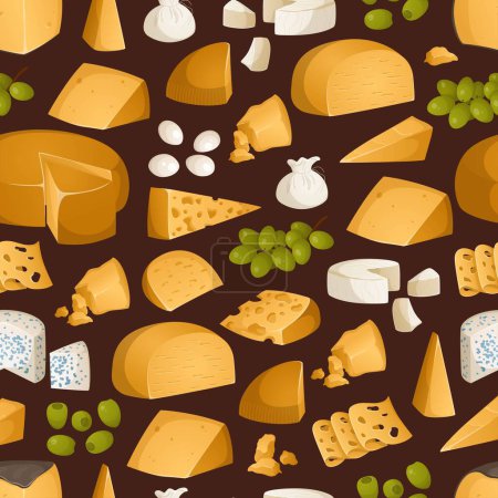Bright pattern of different types of cheeses and fruits. Appetizers, snacks for wine on a brown background. Olives, grape,gouda, maasdam, brie. Vector illustration. Colorful set in realistic style