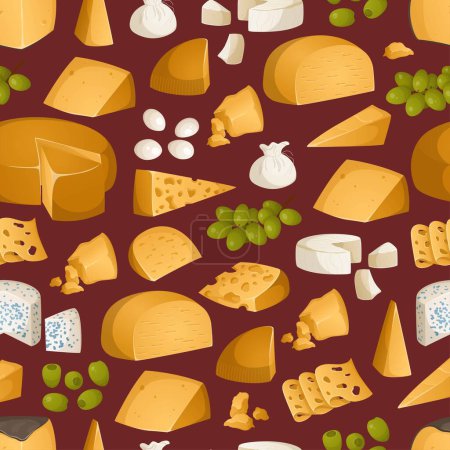 Seamless pattern of different types of cheeses and fruits. Appetizers, snacks for wine on a brown background. Olives, grape,gouda, maasdam, brie. Vector illustration. Colorful set in realistic style