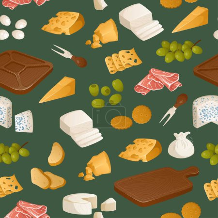 Seamless pattern of different types of cheeses and fruits. Appetizers, snacks for wine on a green background. Cheeses tray, fork, olives, grape. Vector illustration. Colorful set in realistic style