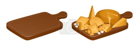Set of cutting boards with food and without. Different types of cheeses on cutting board in realistic style. Vector illustration. Wood cutting board, cheese tray. Mozzarella, maasdam, parmesan and