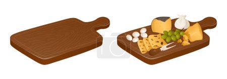 Set of cheeses plate with food and without. Different types of cheeses and grape in realistic style. Vector illustration. Wood cutting board, cheese tray. Mozzarella, maasdam, parmesan and burrata.