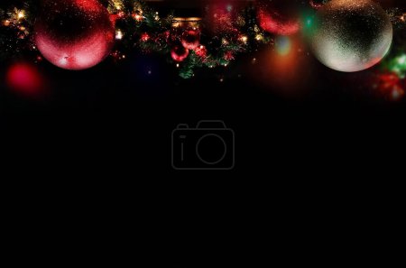 Photo for Christmas background with Christmas lights and ornaments on a black background stock photo images. Festive glowing background with copy space. Dark Christmas frame with colorful lights stock images - Royalty Free Image