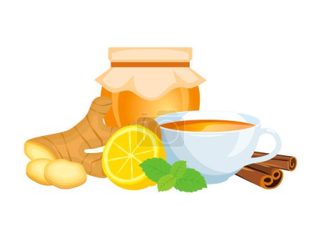 Illustration for Cup of tea with honey, ginger and lemon still life vector. Cup of healthy herbal tea icon set isolated on a white background. Winter vitamin drink drawing - Royalty Free Image