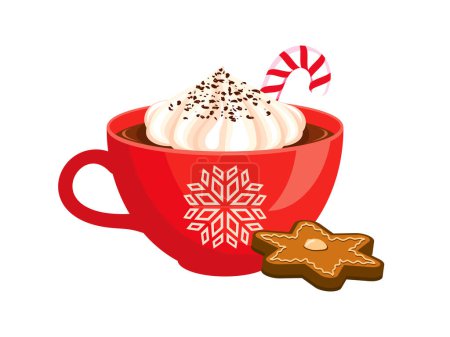 Red mug of hot chocolate with whipped cream and gingerbread icon vector. Winter cocoa hot drink icon isolated on a white background. Christmas beverage with candy cane drawing