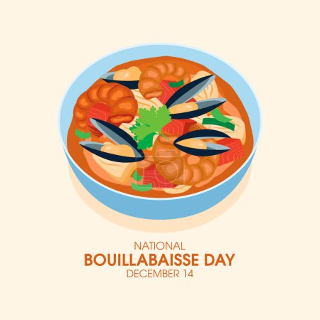 Ilustración de National Bouillabaisse Day vector. Cuenco de sopa con mejillones, camarones y pescado vector icono. Sopa de mariscos vector icono. 14 de diciembre. Día importante - Imagen libre de derechos