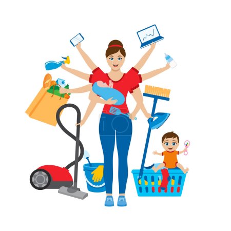 Fleißige Hausfrau. Putzfrau Icon Vektor isoliert auf weißem Hintergrund. Schwer arbeitende Frau mit Kindern. Arbeitsmama zeichnet