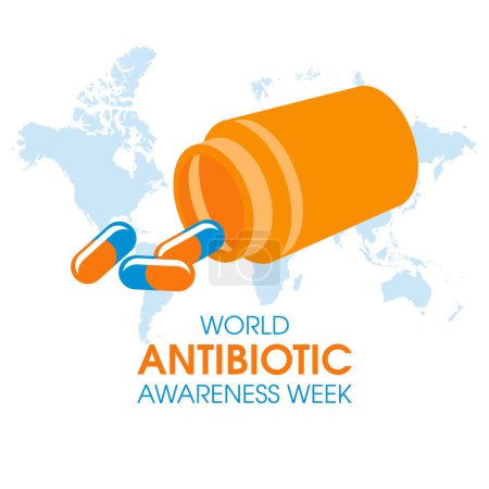 World Antibiotic Awareness Week vector (en inglés). Botella de medicina naranja y pastillas icono vector. Ilustración de resistencia a los antibióticos. Día importante