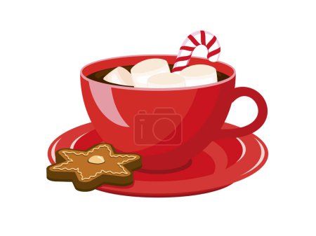 Ilustración de Bebida caliente de cacao con malvaviscos vector icono. Taza de chocolate caliente con pan de jengibre y el vector de bastón de caramelo. Bebida dulce de invierno icono aislado sobre un fondo blanco. Dibujo de bebida de Navidad - Imagen libre de derechos