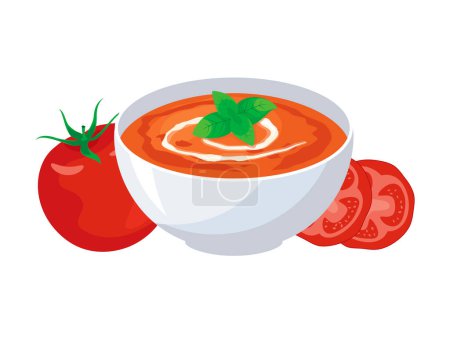 Téléchargez les illustrations : Soupe de tomates avec vecteur d'icône de feuille de crème et de basilic. Délicieuse soupe aux tomates fraîches icône vecteur isolé sur un fond blanc. Bol de dessin de soupe - en licence libre de droit