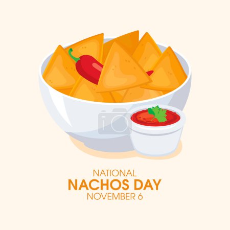 Téléchargez les illustrations : National Nachos Day vecteur. Bol de nachos et tirage au piment. Croustilles mexicaines de tortilla de maïs avec sauce tomate icône vecteur. Le 6 novembre. Jour important - en licence libre de droit