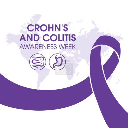 Ilustración de Crohn 's and Colitis Awareness Week vector (en inglés). Enfermedad de Crohn y vector de colitis ulcerosa. Icono de cinta de conciencia púrpura aislado sobre un fondo blanco. Día importante - Imagen libre de derechos