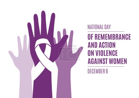 Illustration for National Day of Remembrance and Action on Violence Against Women vector. Human hands up and white awareness ribbon vector. Stop violence against women design element. December 6. Important day - Royalty Free Image