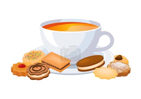 Tasse Tee und Kekse Stilleben Symbol Vektor. Leckere Teekuchen vektorisoliert auf weißem Hintergrund. Verschiedene Arten von Keksen zeichnen. Shortbread-Cookie-Symbolvektor