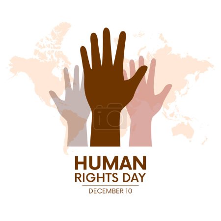 Human Rights Day Poster with raised hands vector illustration. Human hands up with different skin colors vector. Raised hand up and world map silhouette. December 10. Important day