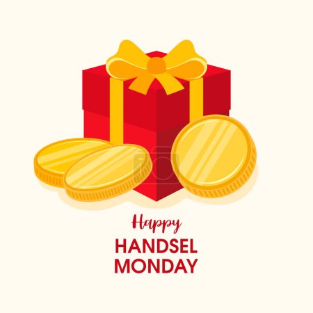 Illustration for Happy Handsel Monday greeting card vector. Red gift box and golden coins money icon vector. Scottish traditional event. First Monday of the year - Royalty Free Image