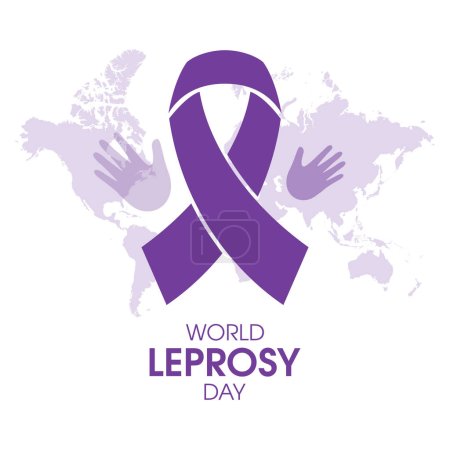 Día Mundial de la Lepra vector. Cinta de conciencia púrpura y mano humana icono aislado sobre un fondo blanco. Todos los años el último domingo de enero. Día importante