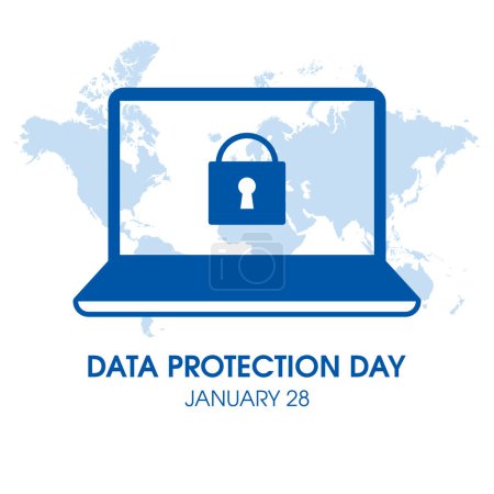 Téléchargez les illustrations : Data Protection Day vector. Protected laptop with lock blue icon vector. Laptop computer and world map graphic design element isolated on a white background. January 28. Important day - en licence libre de droit