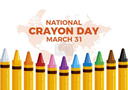 Illustration for National Crayon Day vector illustration. Set of colored crayons in a row icon vector. March 31 each year - Royalty Free Image