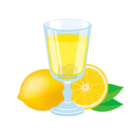 Glass of lemon fruit juice vector illustration. Limoncello Italian lemon liqueur icon vector isolated on a white background. Glass of lemon drink drawing