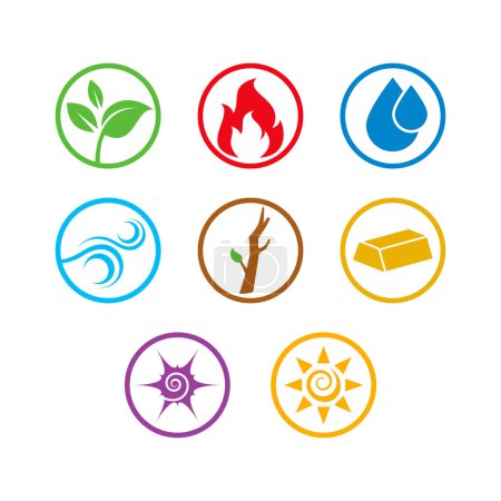 Illustration for Five elements and nature symbols icon set vector. Earth, fire, water, air, wood, metal, ether, sun simple round graphic design element isolated on a white background - Royalty Free Image
