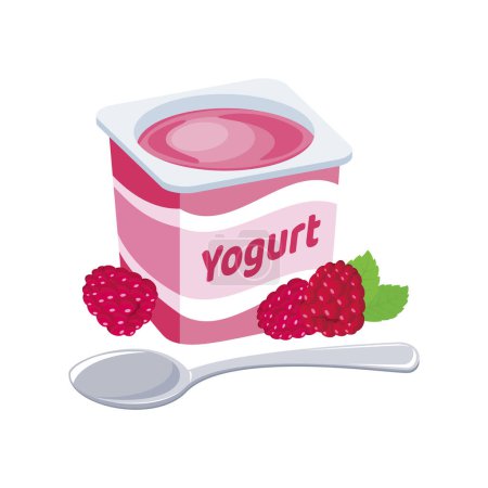 Raspberry yogurt vector icono de la taza de plástico. Yogur de frutas con un elemento de diseño gráfico de cuchara aislado sobre un fondo blanco. Deliciosa rosa frambuesa yogur vector ilustración