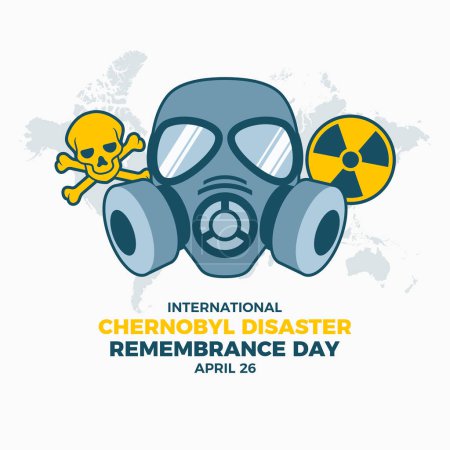 Vecteur du Jour international du Souvenir de Tchernobyl. Symbole d'avertissement de rayonnement, crâne et os croisés et vecteur d'icône de masque à gaz facial. Le 26 avril. Jour important