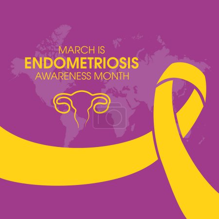 Marzo es el vector del Mes de Concientización de Endometriosis. Cinta de conciencia amarilla e ilustración del vector del útero sobre un fondo púrpura. Icono de salud reproductiva femenina. Día importante