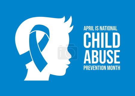 April ist der nationale Monat zur Prävention von Kindesmissbrauch. Kindskopf im Profil weiße Silhouette und blaues Awareness Ribbon Icon Vektor isoliert auf blauem Hintergrund. Wichtiger Tag